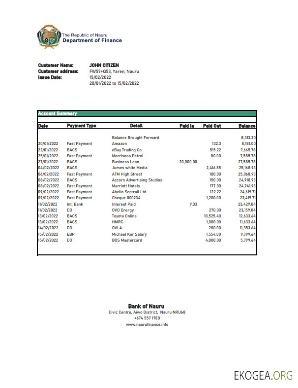 Modèle Excel et PDF de relevé bancaire de la Nauru Bank of Nauru